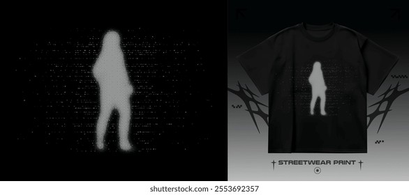 Halftone blurred silhouette people. Streetwear print with blur text, for t-shirt, hoodie and sweatshirt. Isolated on black background	
