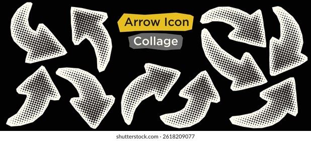 Halftone bold arrow icon collage vector design element set. Trendy paper cut out arrow icons isolated in black background fit for poster, social media content, advertising banner