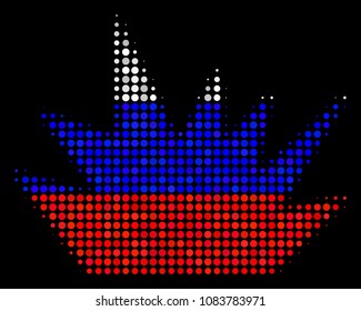 Halftone Boom Explosion pictogram colored in Russia state flag colors on a dark background. Vector pattern of boom explosion icon created with round items.