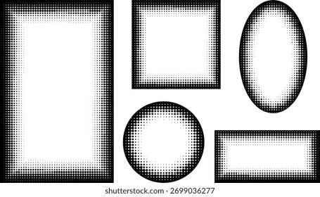 Halftone border in the shape of rectangular, oval, circle, square. Vector set of photo frames with halftone gradient edges