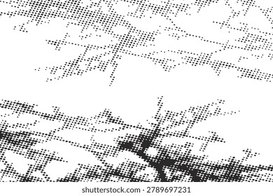 Halftone botanical jungle tree branches frame in black and white vintage random style background for poster, mixed media design.eps