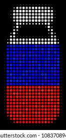 Halftone Bottle icon colored in Russia state flag colors on a dark background. Vector collage of bottle icon done with circle spots. Designed for political and Russian patriotic collages.