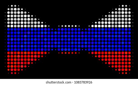 Halftone Bow Tie pictogram colored in Russian official flag colors on a dark background. Vector concept of bow tie icon made from circle items. Designed for political and Russian patriotic promotion.