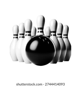 Halftone bowling ball and pin set isolated on white background. Dotted monochrome tenpin sport equipment illustration for strike, competition and leisure concept.