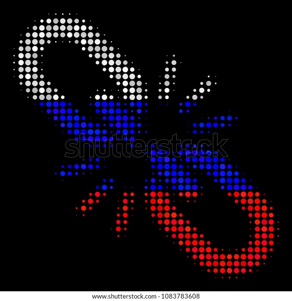Halftone Break Chain Link icon\
colored in Russia official flag colors on a dark background. Vector\
collage of break chain link icon created with spheric\
blots.