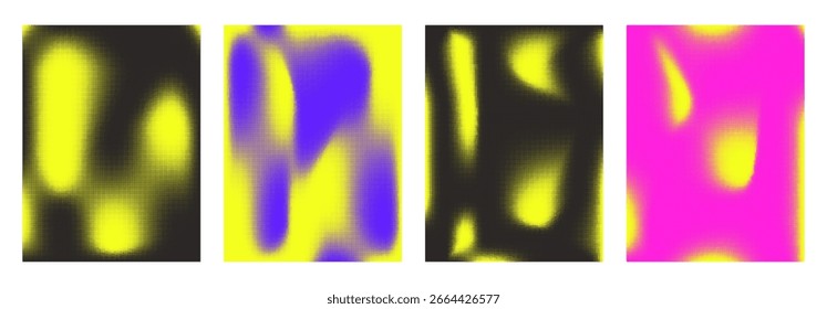 Halftone bright backgrounds set. Noisy gradients with yellow spots design cover. Grainy pixel backdrops collection. Dots vertical templates posters. Vector abstract gradation illustration.