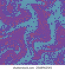 Halftone bright fluorescent background. Blue and maroon dotted shapes design. Gradient led half tone colorful pattern. Vector wallpaper