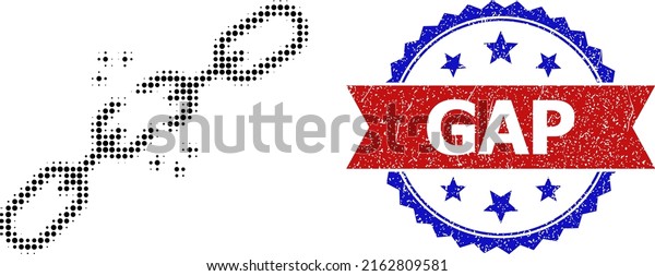 Halftone broken chain icon,\
and bicolor rubber Gap watermark. Halftone broken chain icon is\
made with small spheric dots. Vector watermark with grunge\
bicolored style,