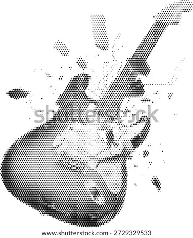 Halftone broken guitar illustration for rock music and destruction design themes