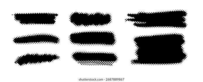 Formas de pincel semitono con trazos negros llamativos y bordes de degradado punteados. Elementos de diseño de pincel semitono perfectos para fondos, textura de pincel semitono y diseños gráficos modernos