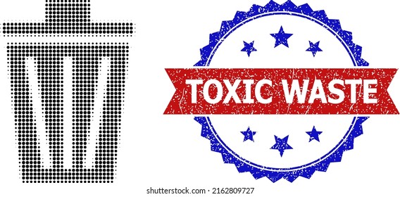 Halftone bucket icon, and bicolor dirty Toxic Waste watermark. Halftone bucket icon is designed with small circle elements. Vector watermark with corroded bicolored style,