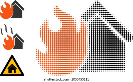 Casa de quema de semitono. Casa en llamas de puntas generada con pequeños puntos de círculo. Ilustración vectorial del icono de la casa quemada en un fondo blanco. El patrón de semitono contiene puntos de círculo.
