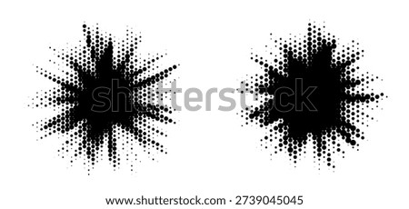 Halftone burst effect, dot pattern texture, abstract explosion splash isolated element. Vector illustration. Halftone burst element set with starburst, sun ray and radial flare shape. Pop art dotted explosion blast collection. Comic light star glow and shine. Black grunge texture overlay. Retro vintage bitmap style, pixelated splash pack for graphic design.