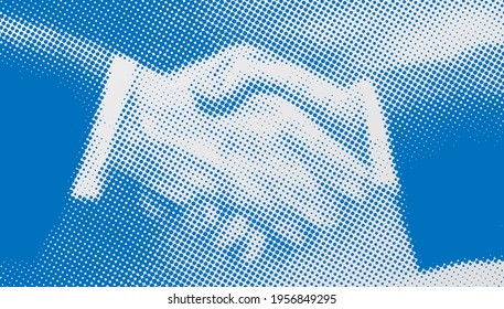 Halftone business cooperation handshake, financial transaction concept material, abstract vector illustration background.