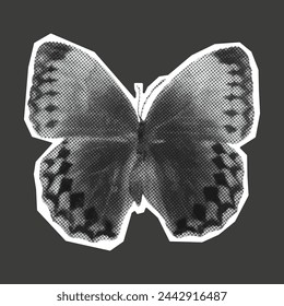 Halftone butterfly isolated on dark background. Y2K style.