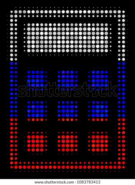 Halftone Calculator icon colored in\
Russian state flag colors on a dark background. Vector composition\
of calculator icon designed from spheric\
pixels.