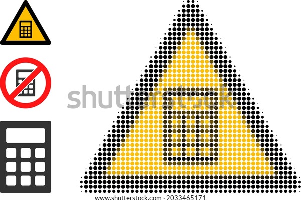 Halftone calculator warning. Dotted calculator\
warning designed with small spheric dots. Vector illustration of\
calculator warning icon on a white background. Halftone pattern\
contains round dots.