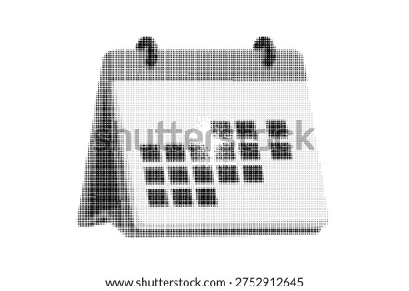 Halftone calendar icon with hanging loops on top and dates marked