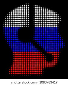 Halftone Call Center Operator icon colored in Russian state flag colors on a dark background. Vector concept of call center operator icon combined of round elements.