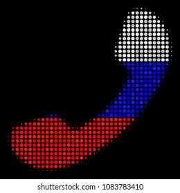 Halftone Call pictogram colored in Russian state flag colors on a dark background. Vector composition of call icon made from round blots. Designed for political and Russian patriotic agitprop.