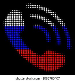 Halftone Call Ring pictogram colored in Russia official flag colors on a dark background. Vector concept of call ring icon designed with round items.