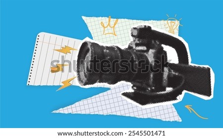 Halftone Camera with like, sparkling star and flash lightning. video camera and decorative elements. Creative bright trendy concept illustration.