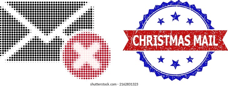 Halftone Cancel Letter Icon, And Bicolor Textured Christmas Mail Seal Stamp. Halftone Cancel Letter Icon Is Made With Small Round Points. Vector Seal With Distress Bicolored Style,