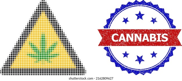 Halftone Cannabis Warnsymbol und Bicolor grunge Cannabis Wasserzeichen. Das Halftone Cannabis-Warnsymbol wird mit kleinen Kreispunkten erzeugt. Vektorwasserzeichen mit farbigem Grunge-Bicolor-Stil,