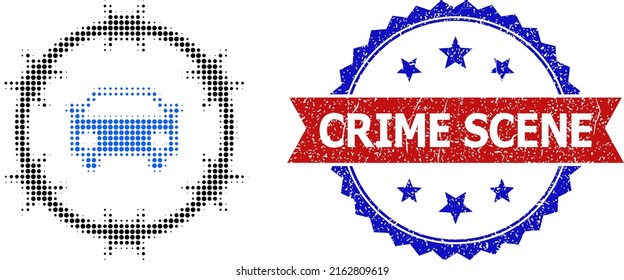 Halftone car arrest icon, and bicolor unclean Crime Scene stamp. Halftone car arrest icon is made with small circle pixels. Vector watermark with unclean bicolored style,