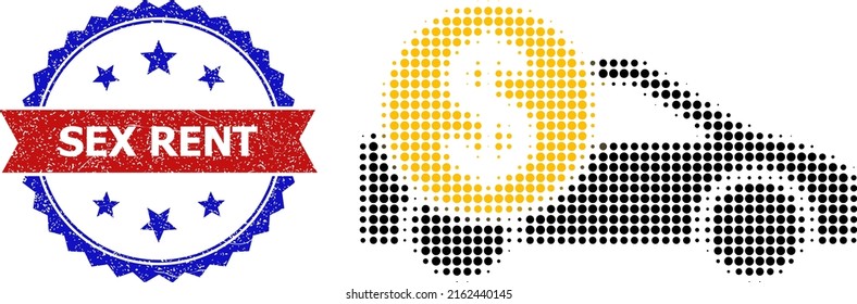 Halftone Auto Kosten Symbol, und bicolor kratzte Sex Rent Wasserzeichen. Das Halftone-Autokostensymbol wurde mit kleinen runden Punkten entworfen. Vektorwasserzeichen mit gekratztem bicfarbigem Stil,