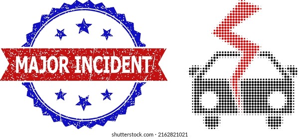 Halftone car crash icon, and bicolor grunge Major Incident seal stamp. Halftone car crash icon is made with small round dots. Vector seal with grunge bicolored style,