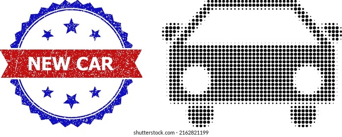 Halftone car icon, and bicolor scratched New Car stamp. Halftone car icon is made with small circle items. Vector imprint with scratched bicolored style,