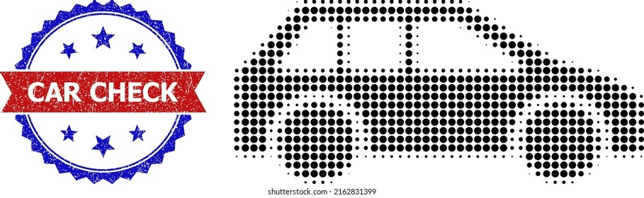 Icono de semitono de coche y sello de precinto bicolor de cheque de coche. El icono de semitono se genera con pequeños puntos de círculo. Sello vectorial con un estilo bicoloroso rayado,