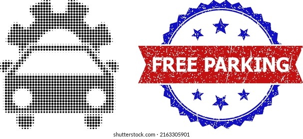 Halftone car industry icon, and bicolor grunge Free Parking seal. Halftone car industry icon is generated with small spheric items. Vector seal with unclean bicolored style,
