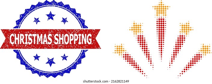 Halftone carnival salute icon, and bicolor unclean Christmas Shopping seal stamp. Halftone carnival salute icon is constructed with small round items. Vector imprint with unclean bicolored style,