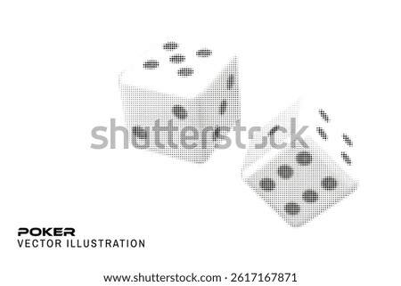 Halftone casino gambling dice poster, banner, flyer template. Vector illustration. Circle halftone shape game dice cubes in flight on a white background for casino and gambling industry. Stock photo © 