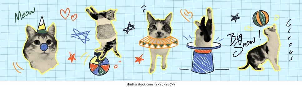 Halbtonkatzen mit Doodle-Zirkusartikeln auf Gitterhintergrund. Vektorrealistische Illustration von lustigen Haustieren, die mit handgezeichneter Clownsnase spielen, Farbkugel, Vintage-Hut, niedliche Haustier-Meme-Kunst, Collage-Aufkleber