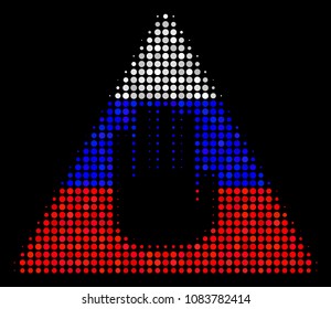 Halftone Caution icon colored in Russia official flag colors on a dark background. Vector concept of caution icon done from circle items. Designed for political and Russian patriotic projects.