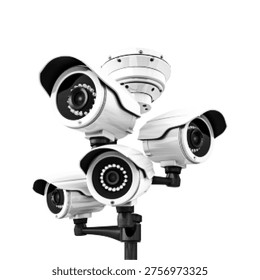 Halftone CCTV camera set isolated on white background. Black and white illustration of security surveillance system, monitoring and protection concept.