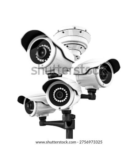 Halftone CCTV camera set isolated on white background. Black and white illustration of security surveillance system, monitoring and protection concept.
