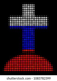 Halftone Cemetery icon colored in Russian official flag colors on a dark background. Vector composition of cemetery icon designed with circle items.