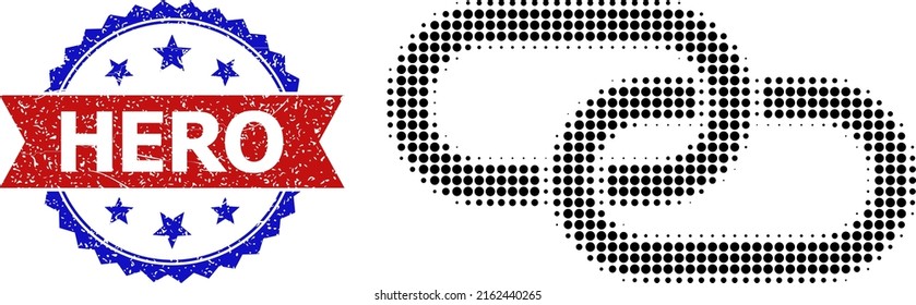 Halftone Kette Element Symbol und Bicolor Grunge Hero Stempel. Das Symbol der Halftone-Kette wird mit kleinen sphärischen Punkten hergestellt. Vektorwasserzeichen mit farbigem Grunge-Bicolor-Stil,