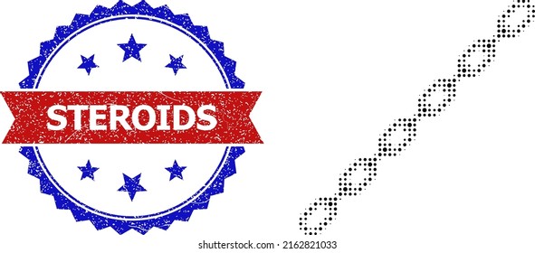 Halftone chain icon, and bicolor scratched Steroids seal stamp. Halftone chain icon is constructed with small circle elements. Vector seal with unclean bicolored style,