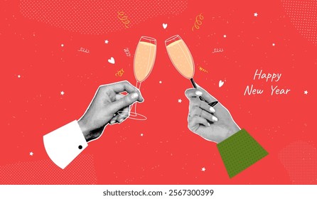 Halftone champagne glasses. Wine glass hand clink with wineglass, two hands holding alcohol drink toast new year christmas wedding celebration vintage collage vector illustration original artwork