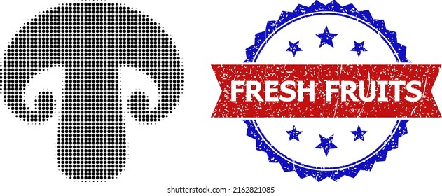 Halftone champignon icon, and bicolor unclean Fresh Fruits stamp. Halftone champignon icon is designed with small spheric elements. Vector imprint with unclean bicolored style,