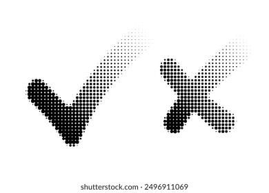 Halftone check marks. Black dotted check mark and cross signs isolated on white. Confirm and delete symbols. Vector illustration.