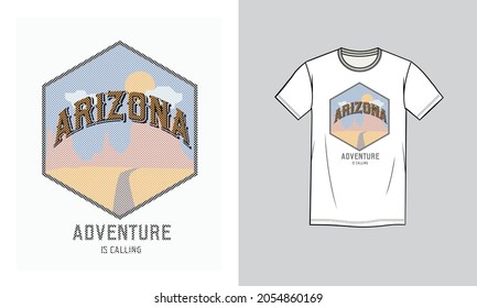 Halftone checker Arizona landscape artwork for men's Tee. Sunset and Desert vibes.  