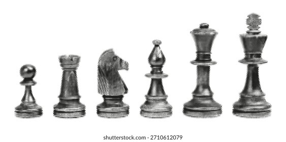 Piezas de ajedrez de medio tono en una fila, peón a rey, siluetas estilizadas que muestran la estrategia y la jerarquía del juego clásico.