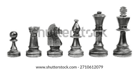 Halftone chess pieces in a row—pawn to king—stylized silhouettes showcasing classic game strategy and hierarchy.
