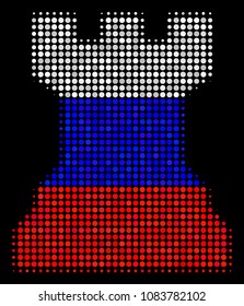 Halftone Chess Tower pictogram colored in Russia state flag colors on a dark background. Vector mosaic of chess tower icon constructed from round items.